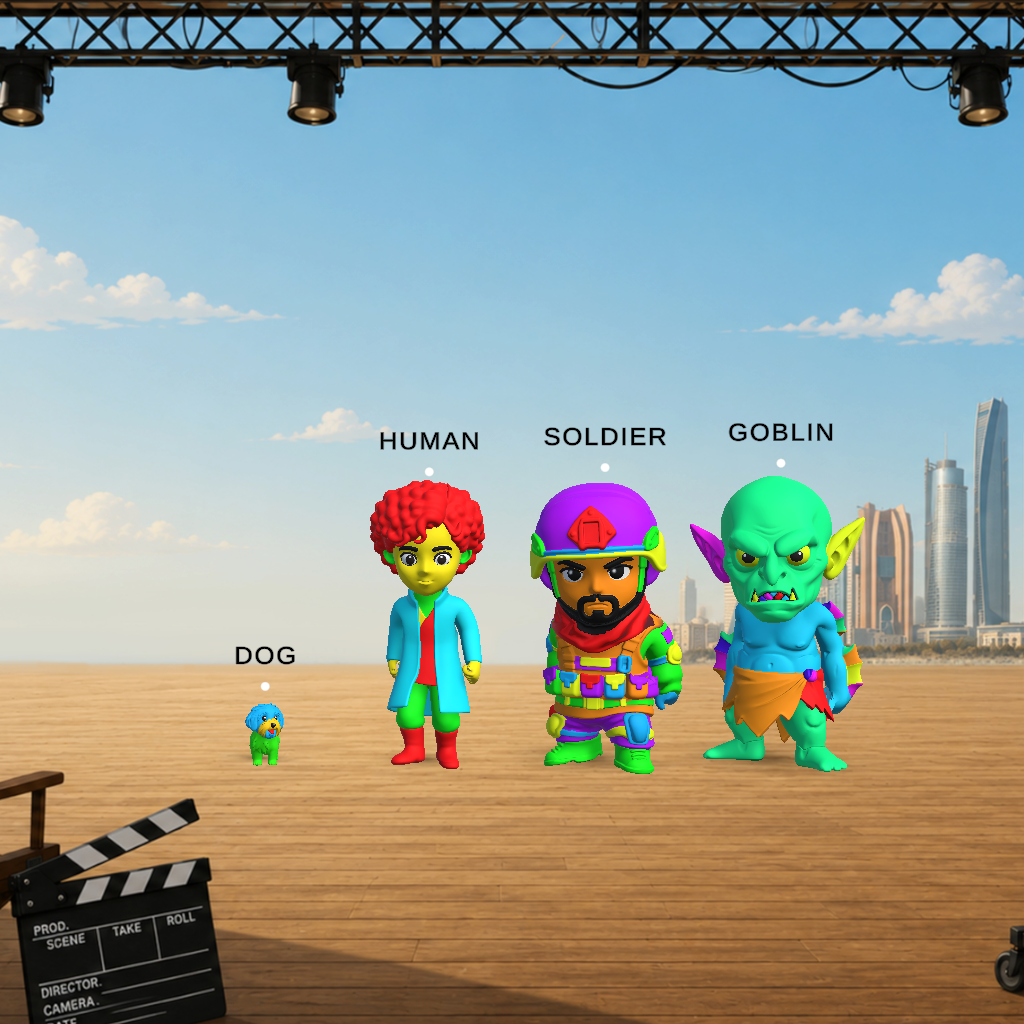 Retained Draw and Animate project scene with four colored characters on a stage