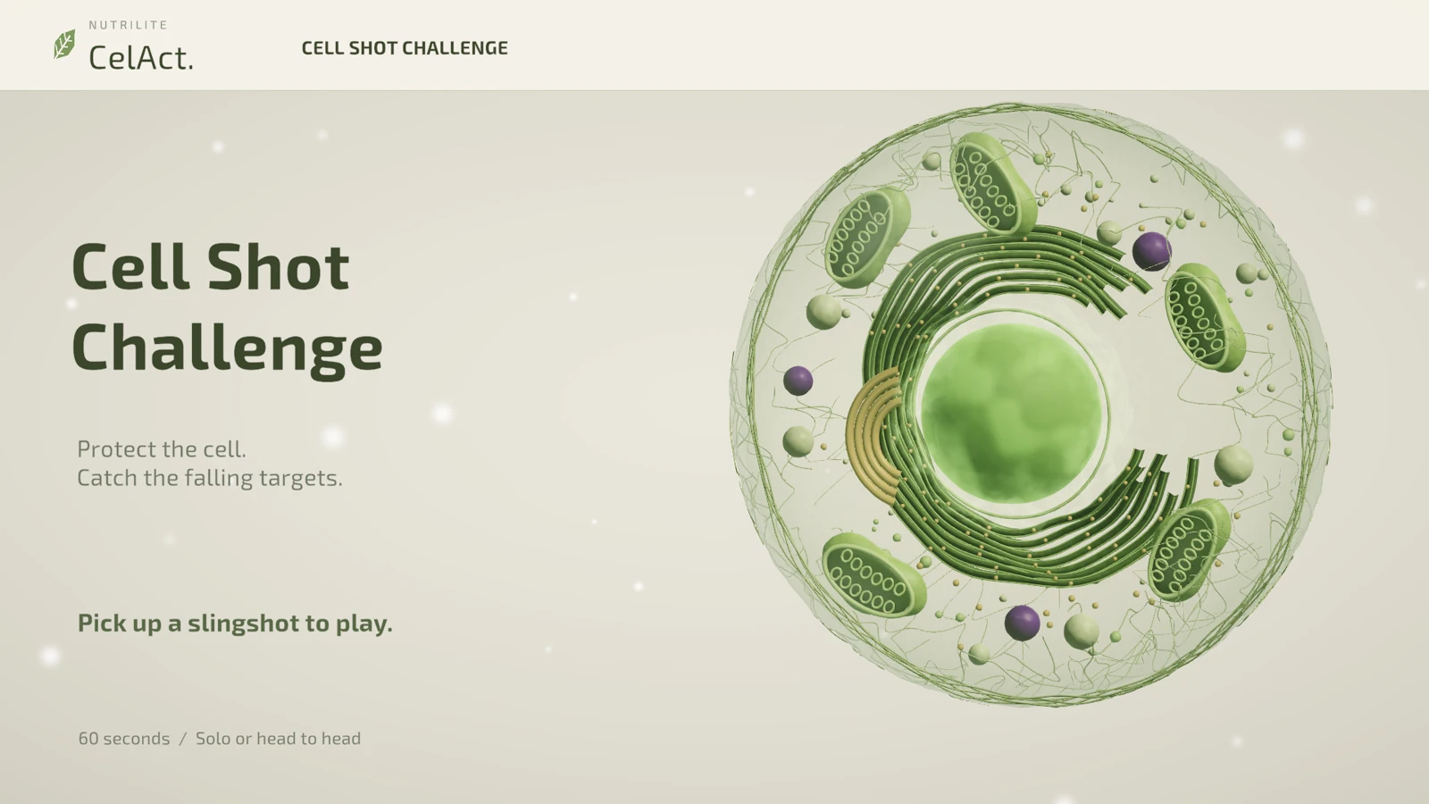 Slingshot Unity display showing the Cell Shot Challenge welcome screen